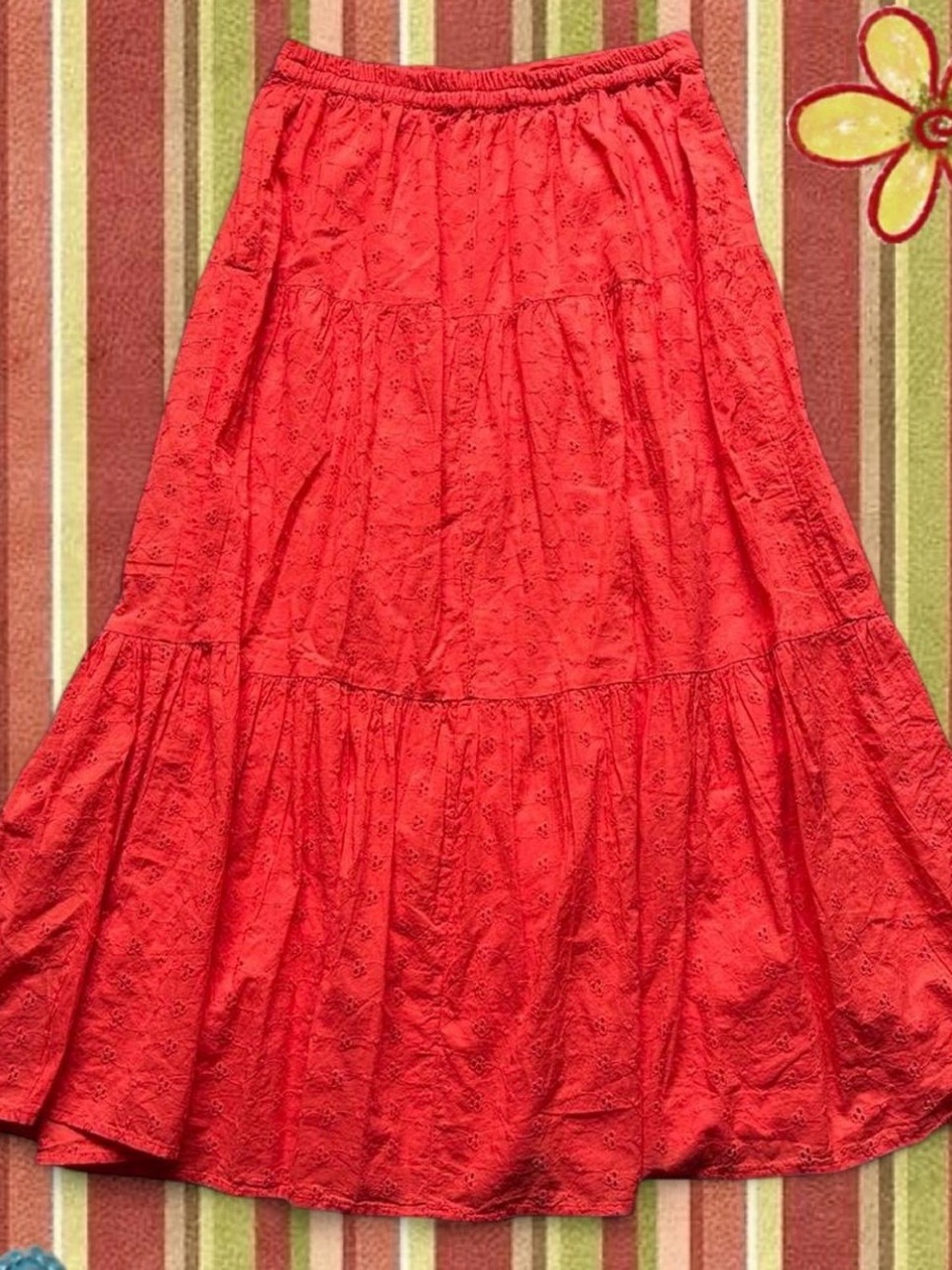 100% Cotton Orange Tiered Eyelet Maxi Skirt Ruffles Boho Whimsigoth